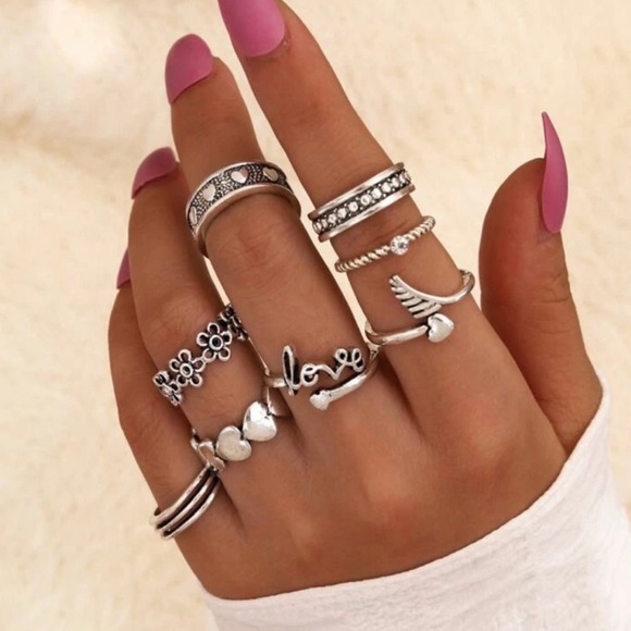 skymallboutique Jewelry - JWR9) New! 8pc Antique Silver Boho Hearts Words flowers Set if 8 Rings